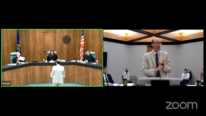 Kasper Schirer appears before a Kansas Court of Appeals panel to argue against a state law that allows his client’s probation to be extended indefinitely. (Kansas Reflector screen capture from court video)