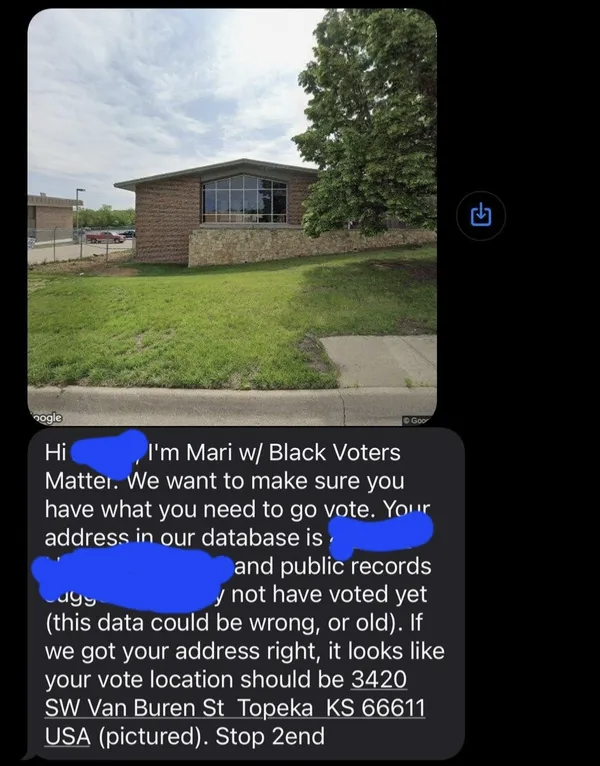 Text messages purporting to instruct voters on their polling place for the Nov. 8 election were criticized by voters and election officials Monday as misleading. Screenshot
