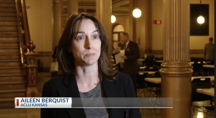 Screen of Aileen Berquist, Director of Policy from news segment