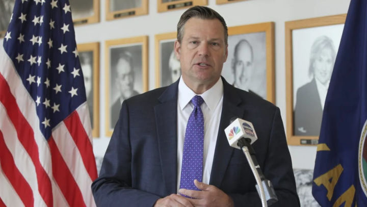 Kansas Attorney General Kris Kobach answers questions from reporters during a news conference outside his office, Monday, May 1, 2023, in Topeka, Kan. (AP Photo/John Hanna, File)