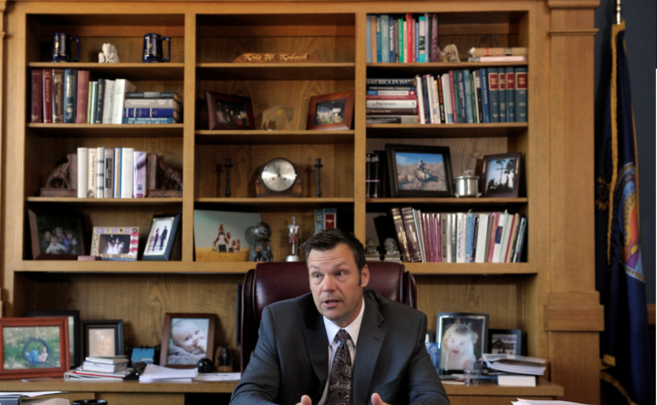 Left: FILE PHOTO: Former Kansas Secretary of State Kris Kobach in his Topeka, Kansas, office May 12, 2016. Photo by Dave Kaup/REUTERS