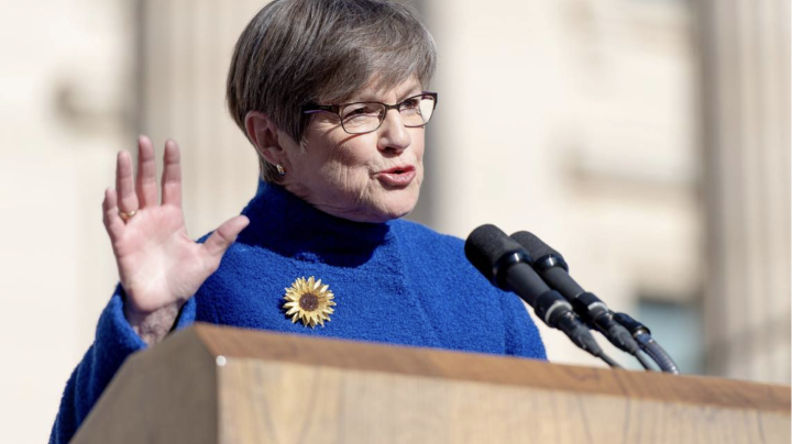 Kansas Gov. Laura Kelly speaks during an inauguration ceremony on the south steps of the Kansas Capitol building on Monday, Jan. 9, 2023, in Topeka. NICK WAGNER nwagner@kcstar.com  Read more at: https://www.kansascity.com/news/politics-government/article2