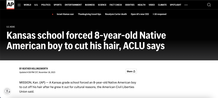 Screenshot of AP article, headline is "Kansas school forced 8-year-old Native American boy to cut his huir, ACLU says"