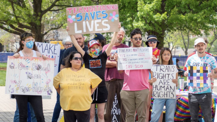 Kansans rally in support of transgender rights May 5, 2023, at the Kansas Statehouse in Topeka. SHERMAN SMITH Kansas Reflector