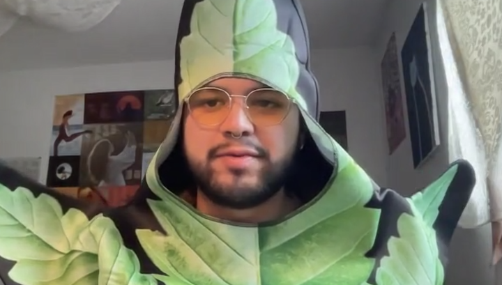 Alejandro Rangel-Lopez, in a plant-oriented costume, contributed to a panel discussion about reasons for the 2024 Legislature to consider adopting a bill legalizing medical cannabis. (Kansas Reflector screen capture from online forum hosted by Kansas Cann