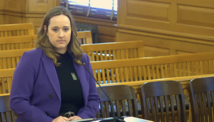 Taylor Morton of Planned Parenthood Great Plains Votes urged Kansas House members to reject a bill extending child support obligations to a fetus from conception until birth. The bill was advocated by anti-abortion organizations. (Kansas Reflector screen 
