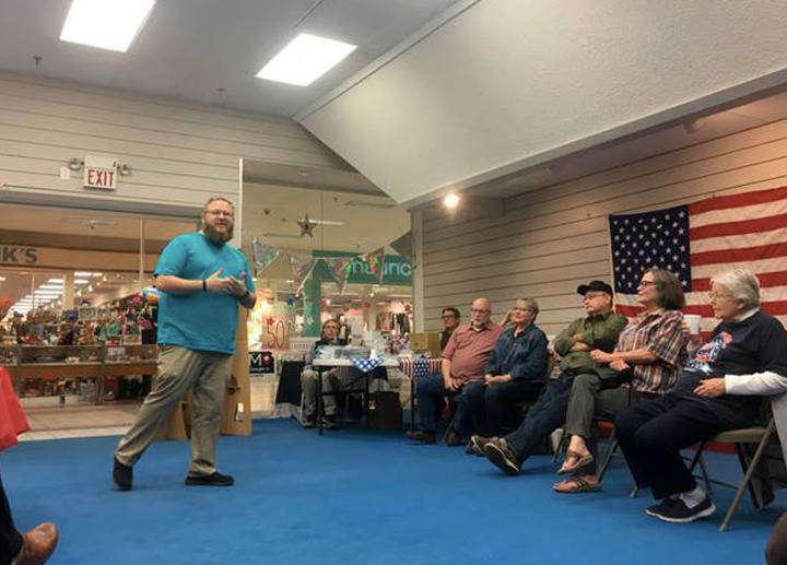 FILE - In this Monday, Oct. 22, 2018, file photo, Ford County Democratic Party chairman Johnny Dunlap speaks about the party's get-out-the-vote efforts during a meeting of volunteers in Dodge City, Kan. (Jonathan Shorman/The Wichita Eagle via AP)