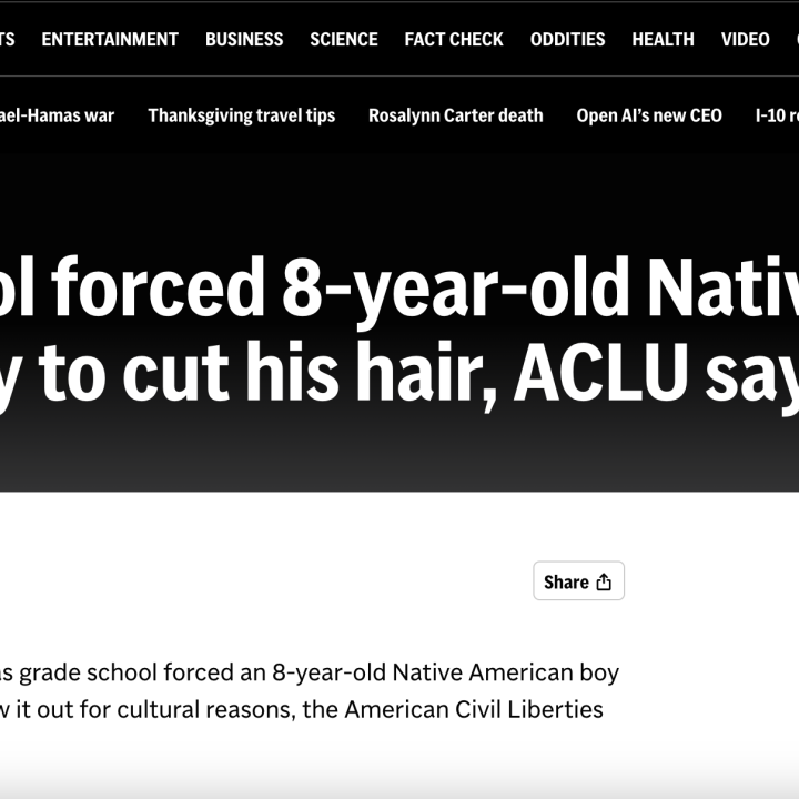 Screenshot of AP article, headline is "Kansas school forced 8-year-old Native American boy to cut his huir, ACLU says"
