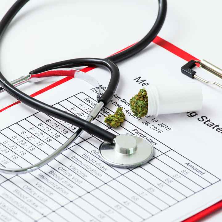 Stethoscope and medical marijuana on clipboard